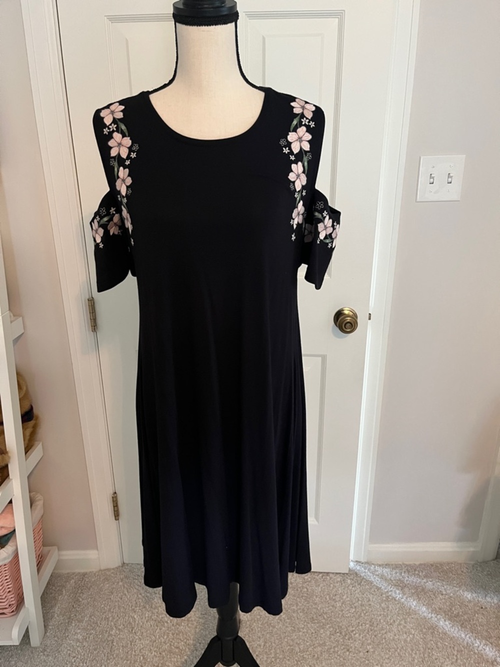 Black Cold-Shoulder Dress with Pink Floral Embroidery